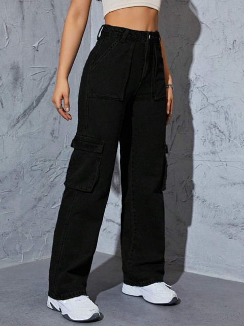 Next One Women Smart Wide Leg High-Rise Clean Look Cotton Stretchable Cargo Styles Jeans