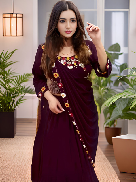 ANJANI TEXTILE Thread Work Semi-Stitched Lehenga & Unstitched Blouse With Dupatta