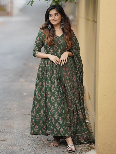 KALINI Floral Printed Anarkali Kurta with Trousers & With Dupatta