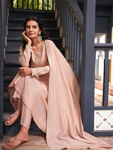 Colors of Earth Ethnic Yoke Design A-Line Sequinned Kurta with Trousers & Dupatta