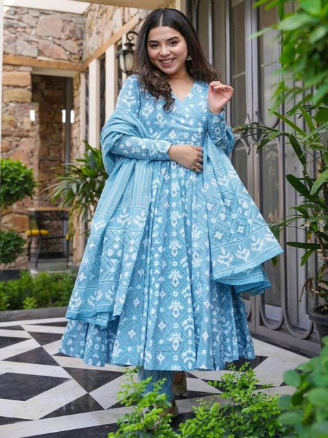 MANOJAVA Ethnic Motifs Printed V-Neck Angrakha Pure Cotton Kurta With Palazzos And Dupatta