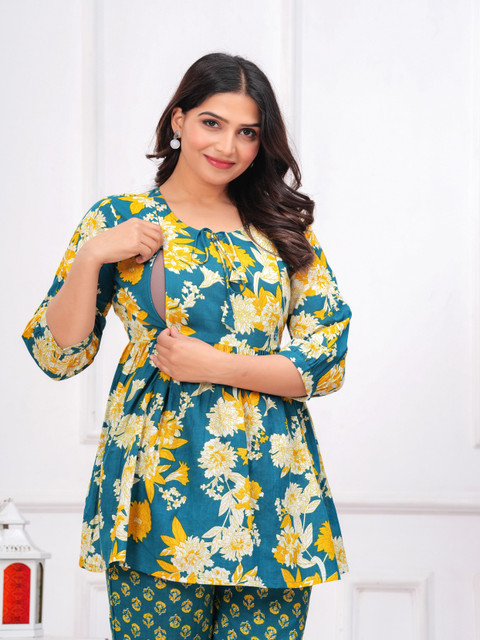 CELEBRAVO Floral Printed Maternity Pure Cotton Kurta With Trousers