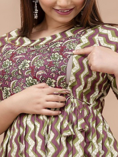 Nevisha Style Chevron Printed Pleated Gotta Patti Maternity Pure Cotton Anarkali Kurtas