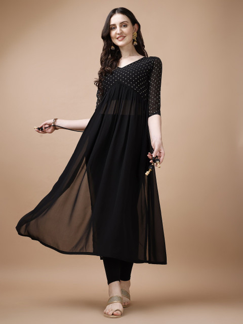 Glomee Floral Yoke Design Thread Work Georgette A-Line Kurta