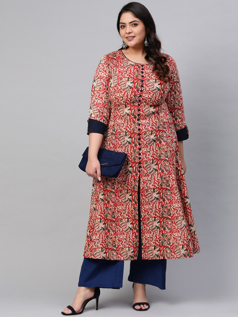 KALINI Plus Size Ethnic Motifs Printed Round Neck A-Line Cotton Kurta
