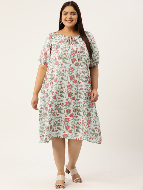 theRebelinme Women Plus Size Floral Print Puff Sleeve A-Line Dress
