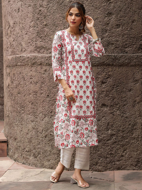 Rain & Rainbow Floral Printed Notch Neck Pure Cotton Straight Kurta