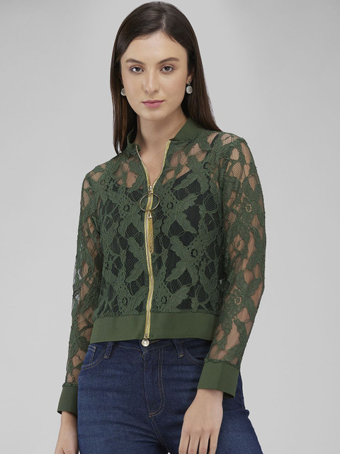 IZEL Women Self Design Sheer Crop Bomber Jacket