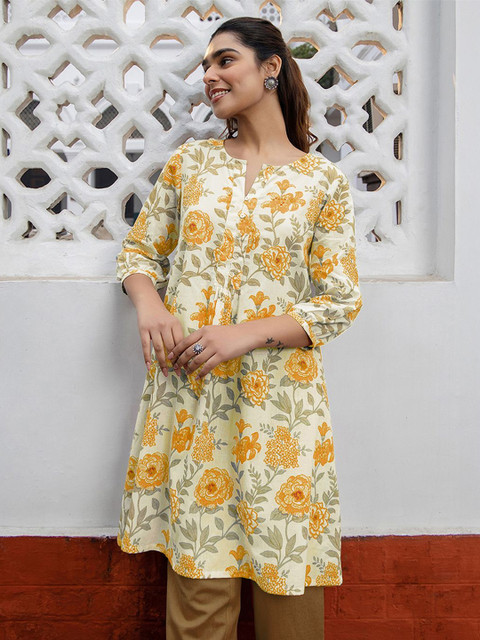 Janasya Women's Off White Pure Cotton Floral Printed A-Line Tunic