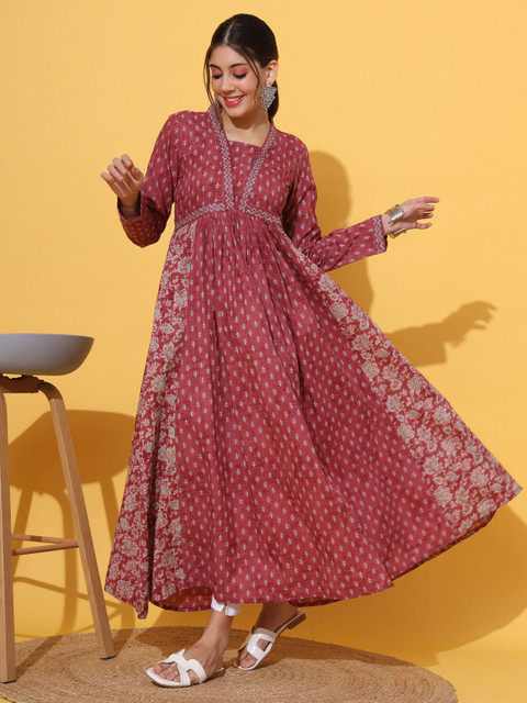 Vbuyz Floral Printed Square Neck Long Sleeves Empire Pure Cotton Anarkali Kurta