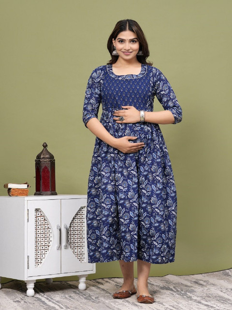 Nevisha Style Floral Printed Round Neck Gotta Patti Maternity Cotton Anarkali Kurta