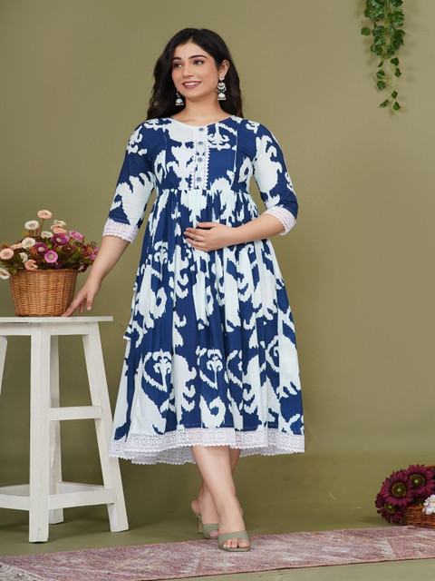 Pristyle Abstract Printed Pleated Round Neck Maternity Anarkali Kurta