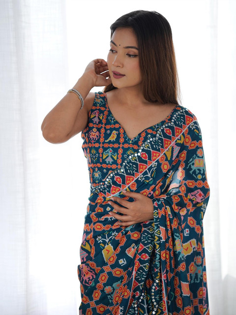 Kalista Ethnic Motifs Mirror Work Pure Chiffon Saree - Image 5