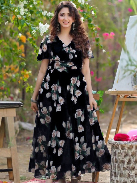 BAESD Women Floral Printed Georgette Maxi Dress