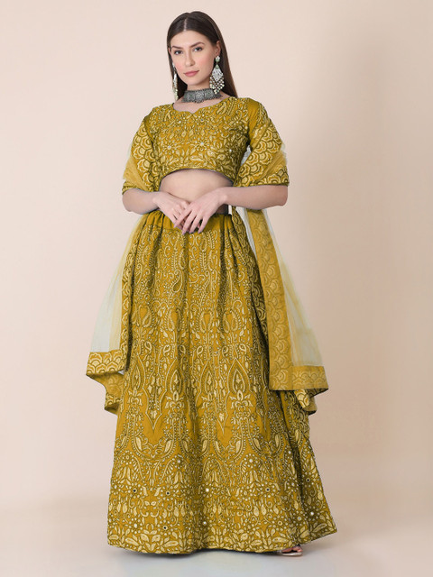 Warthy Ent Embroidered Thread Work Semi-Stitched Lehenga & Unstitched Blouse With Dupatta