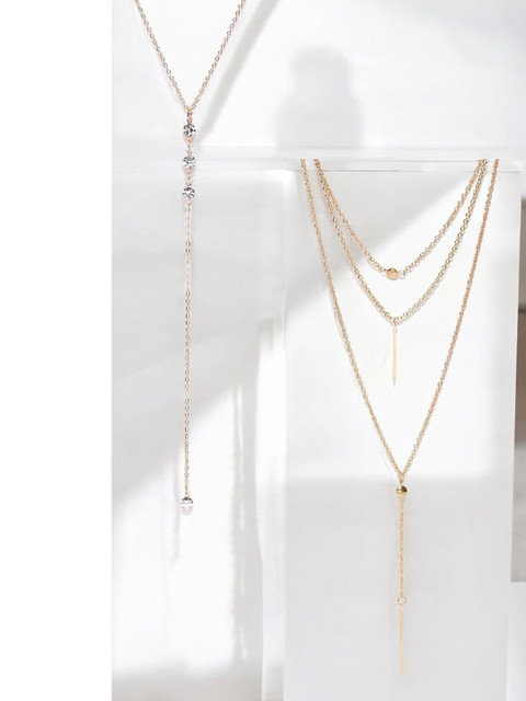 DressBerry Set Of 2 Gold-Plated Stone Studded & Beaded Layered Chain