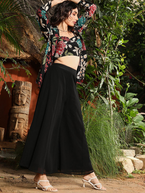 QISSA Black Printed Crop-Top With Palazzo & Jacket Flared Co-Ords - Image 3