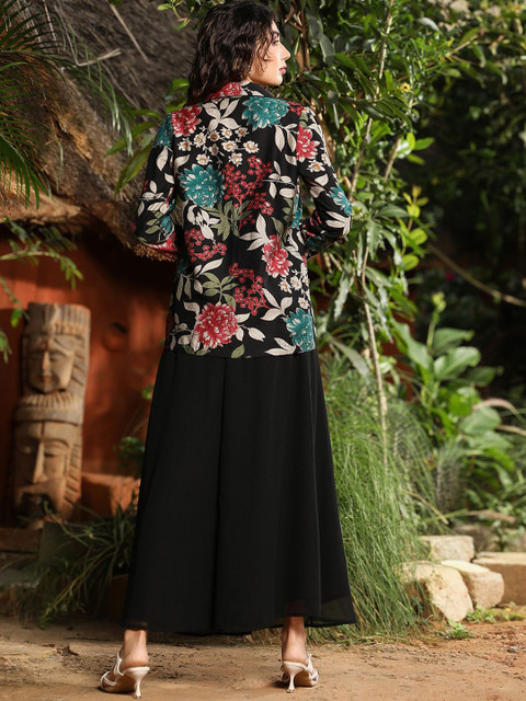 QISSA Black Printed Crop-Top With Palazzo & Jacket Flared Co-Ords - Image 4