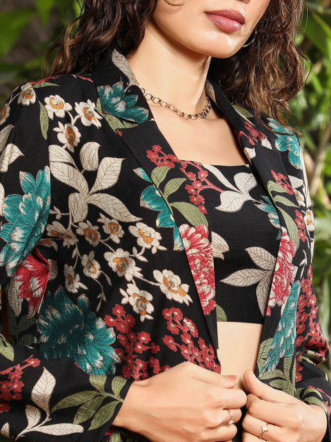 QISSA Black Printed Crop-Top With Palazzo & Jacket Flared Co-Ords - Image 2