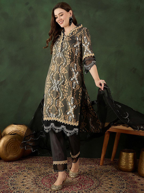 Sangria Printed Straight Kurta, Trouser & Dupatta Set