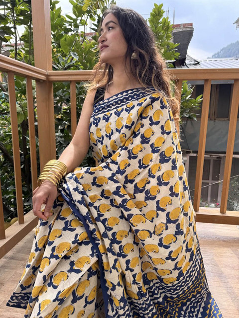 HERE&NOW Kalamkari Printed Pure Cotton Bagru Saree