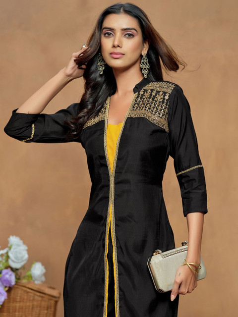 Sangria Black Embroidered Square Neck Three-Quarter Sleeves Top & Trouser