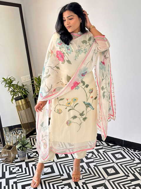 Royal Export Floral Printed Thread Work Kurta with Trouser & Dupatta