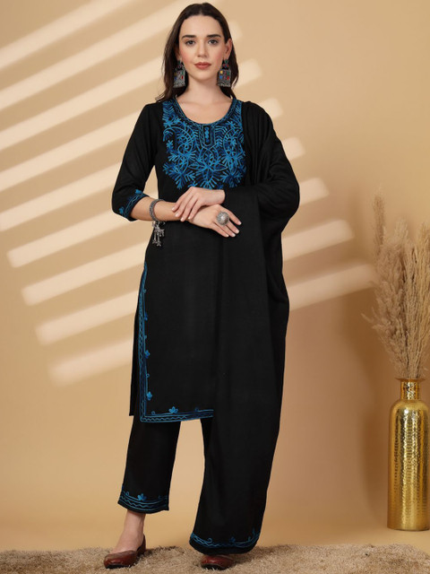 Clora Creation Floral Embroidered Pure Wool Straight Kurta With Trousers & Dupatta
