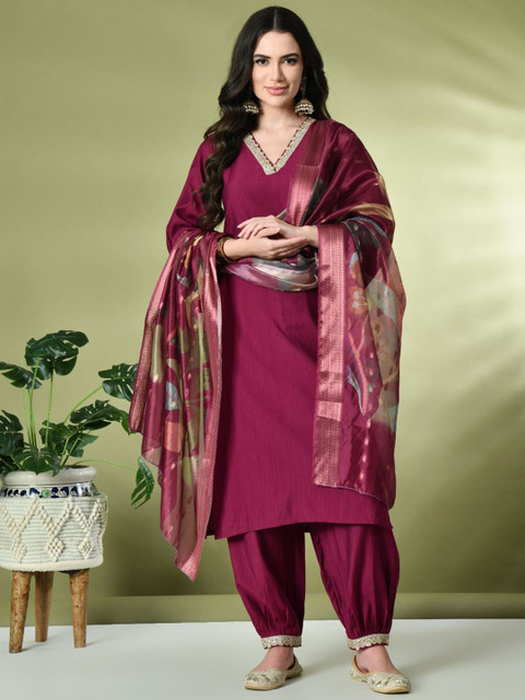 Sangria Magenta Flared Sleeves Thread Work Straight Kurta With Salwar & Dupatta