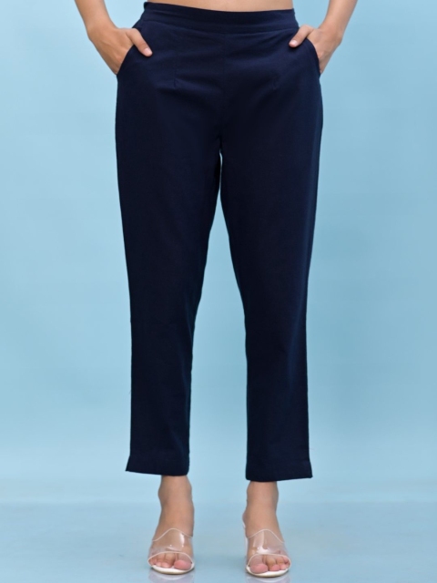 Juniper Women Navy Blue Solid Cotton Pants with Partially Elasticated Waistband & 2 Pocket