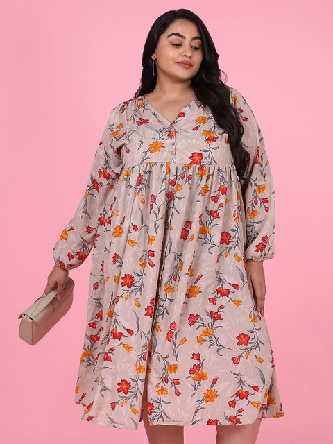 SHOWOFF Plus Size Floral Print Puff Sleeve Crepe Empire Dress
