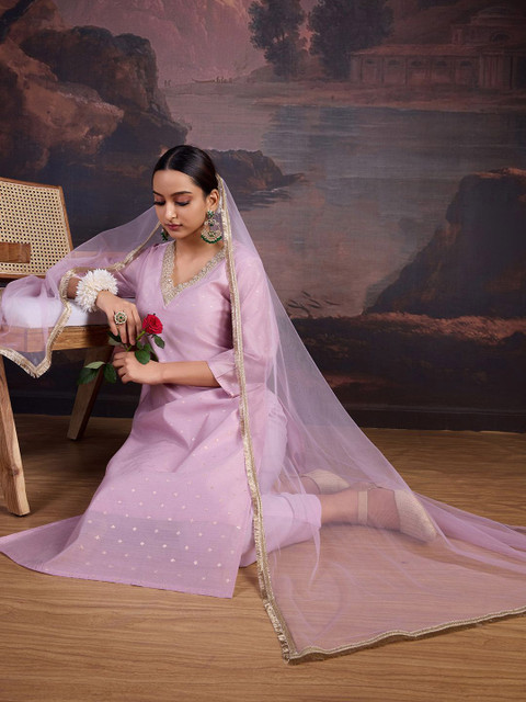 House of Pataudi Floral Woven Design Straight Kurta With Trousers & Dupatta