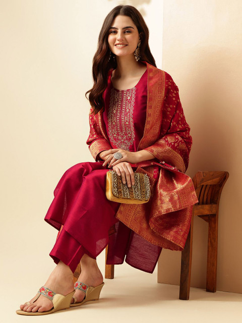 Anouk Floral Yoke Design Regular Thread Work Straight Kurta With Trousers & Dupatta - Image 7