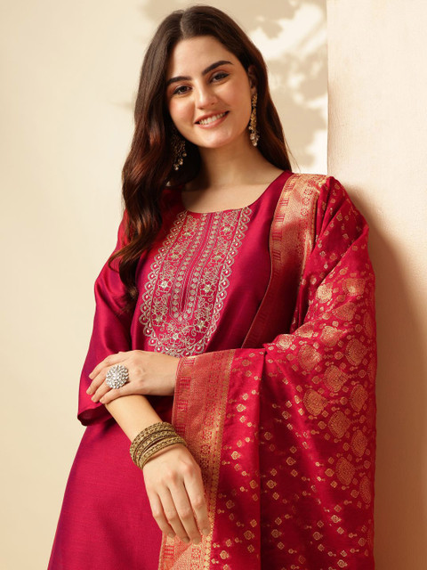 Anouk Floral Yoke Design Regular Thread Work Straight Kurta With Trousers & Dupatta