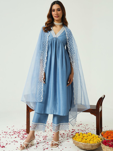 FIORRA V-Neck Mirror Work Pleated A-Line Kurta with Palazzo & Dupatta