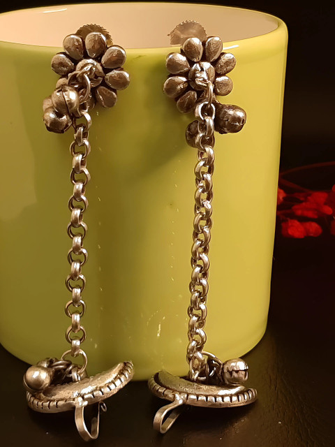 Sangria Silver Plated Chand Phool Ear Chain Earrings