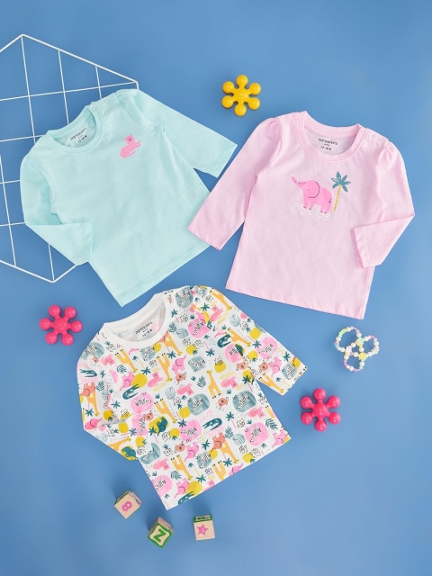 Pantaloons Baby Girls Pack Of 3 Conversational Printed Round Neck Cotton T-Shirt