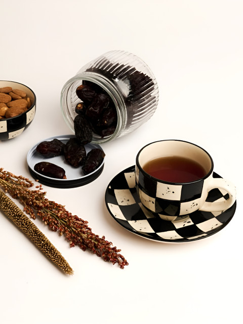 BlackCarrot Black & Beige 2 Pieces Printed Ceramic Glossy Cup & Saucer Set 200 ml - Image 3