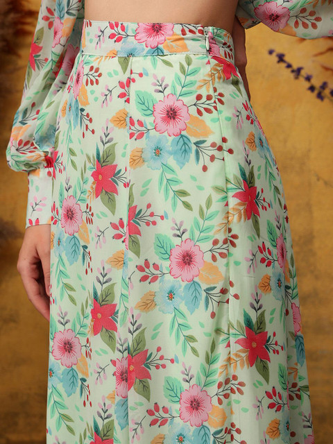 indo street Floral Printed V-Neck Top & Skirt - Image 3