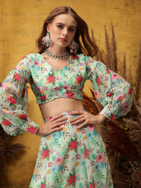 indo street Floral Printed V-Neck Top & Skirt - Image 2