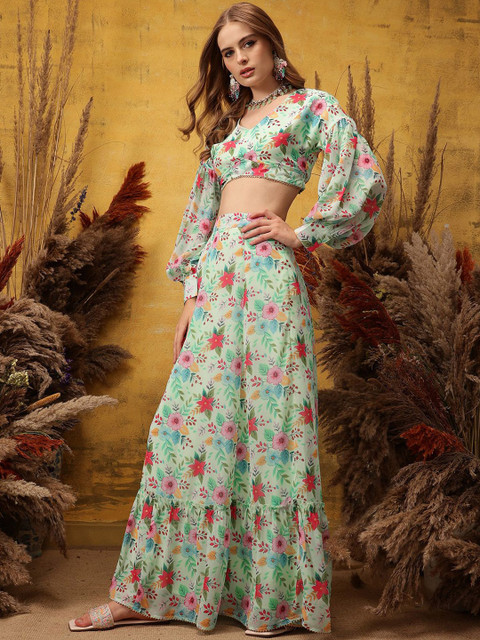 indo street Floral Printed V-Neck Top & Skirt - Image 4