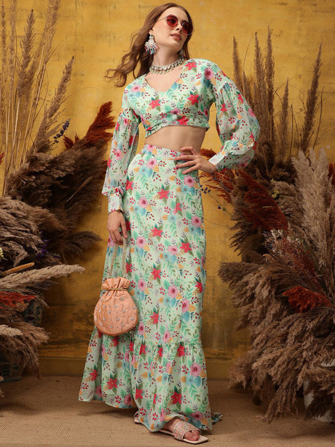 indo street Floral Printed V-Neck Top & Skirt - Image 6