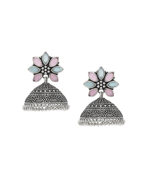 Sangria Stones Studded & Beaded Dome Shaped Oxidized Jhumkas - Image 2