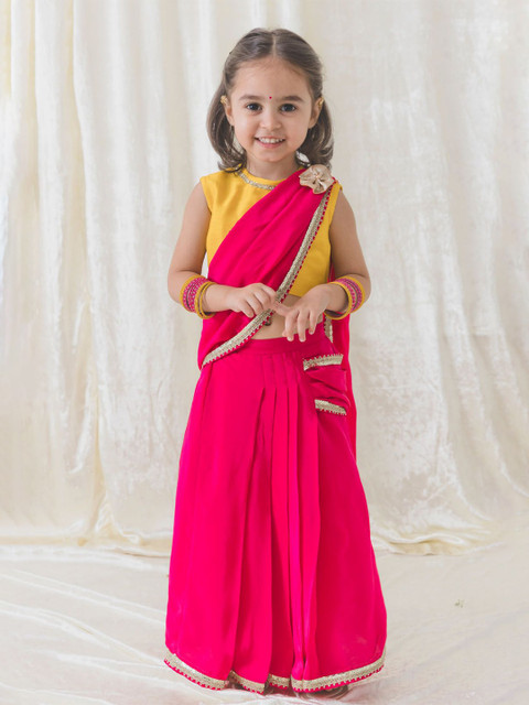 Tiber Taber Girls Zari Embroidered Ready to Wear Saree Set