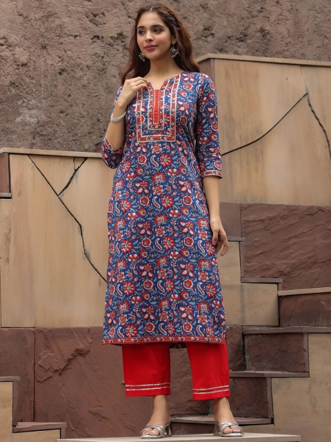 Rain & Rainbow Floral Printed Notch Neck Thread Work Pure Cotton A-Line Kurta