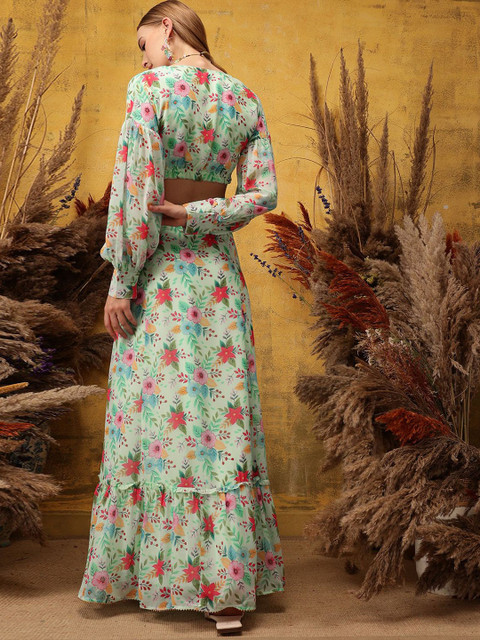 indo street Floral Printed V-Neck Top & Skirt - Image 5