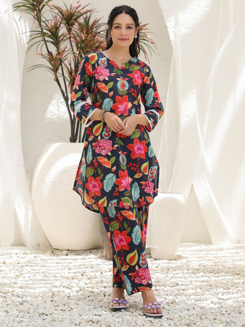 Rain & Rainbow Printed Pure Cotton Notch Neck Tunic With Trouser