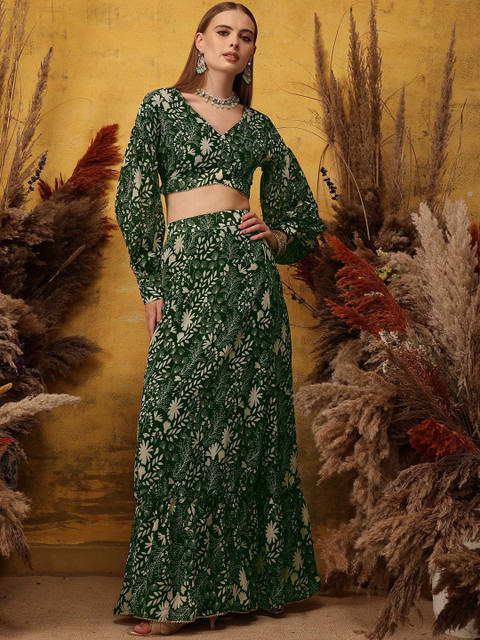 indo street Floral Printed V-Neck Top & Skirt