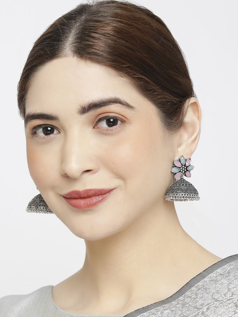 Sangria Stones Studded & Beaded Dome Shaped Oxidized Jhumkas - Image 4