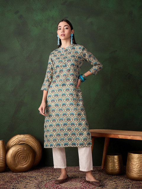 Sangria Women Cotton Printed Mandarin Collar Neck Kurta